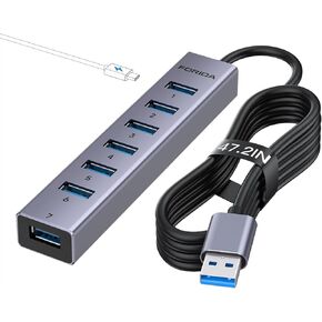 8 Ports Aluminum USB Multiport Hub with 7 USB 3.0 Data Ports Up to 5Gbps, USB 3.0 Splitter with USB C 5V/3A Power Port, 47IN/120CM Long Cable USB Hub, USB Extension for Laptop and PC