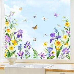 Tanlaby Sunflower Window Clings Spring Summer Flowers Butterfly Window Stickers Double Sided Glass Decals Static Anti-Collision Decor for Living Room Kitchen Windows Bathroom Doors