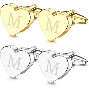Sanfenly Cufflinks Gold Silver Custom Personalized Cufflinks for Men Set Initial Alphabet Letter Engraved Cuff Links Mens Unique Heart Tuxedo Shirt Men's Cuff Links Business Wedding