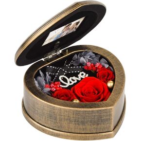 Handmade Preserved Flowers 3 Real Red Rose in Musical Box with Photo Frame, Long Lasting Fresh Flower Gifts for Wife Her Girlfriend on Valentine's Day Anniversary Birthday Red
