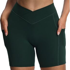 Aoxjox Polly Workout Biker Shorts with Pockets for Women Crossover High Waisted Hidden Scrunch Gym Running Yoga Short 6"