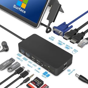Microsoft Surface Docking Station Triple Displays Dual HDMI+VGA, 12 in 1 Surface Dock for Surface Pro 11/10/9/8/X/7/6/5/4/3, Surface Laptop 6/5/4/3/2/1, Surface Laptop Go 3/2/1, Surface Book 3/2/1