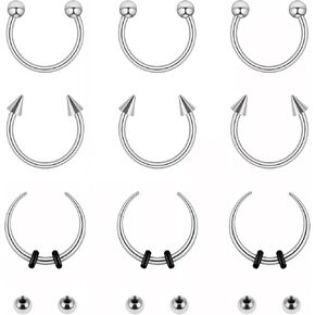 9pcs 16g حلقات الأنف الحاجز للنساء ، خاتم الأنف من الفولاذ المقاوم للصدأ 10 مم ، حلبة حلزوني حلزون الحاجب مع مجوهرات الكرة البديلة الحاجز الفضية السوداء الذهبية الثقبة (خلط الألوان)