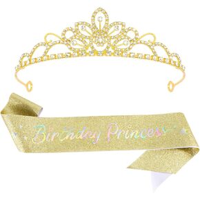 SuPoo Birthday Princess Crown and Sash Birthday Girl Tiara Headband Flower Crown for Girls Birthday Decorations Outfit