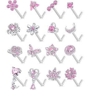 Fxiqini 16Pcs Nose Rings L Shaped Nose Studs Stainless Steel Pink CZ Butterfly Flower Leaf Planet Triangle Heart Moon Star Dangle Body Piercing Jewelry for Women Men 20G Gold Silver tone