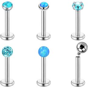 Universal 6pc 6/8/10/12mm Various 3mm Gem Opal Zircon Monroe Labret Internally Threaded Steel Lip Stud Ear Conch Tragus Piercing Jewelry