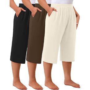 Huukeay 3 Pack Women's Plus Size Capri Pants, Cotton Wide Leg Capris Sweatpants Summer Loose Cropped Yoga Pants with Pockets