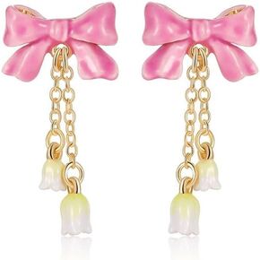 Pink Bow Tassel Enamel Dangle Stud Earrings Handmade Jewelry Gift Vacation Holiday