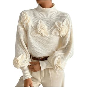 MakeMeChic Women's 3D Flower Mock Neck Sweater Lantern Sleeve Drop Shoulder Pullover Top