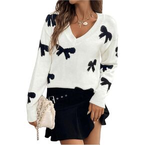 Women's Bow Print Sweaters V Neck Lightweight Sweater Long Sleeve Pullovers Knit Top in Saudi Arabia