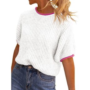 Saodimallsu Womens Puff Short Sleeve Sweater Tops Spring Summer Color Block Ribbed Knit Crew Neck Going Out Shirts Light Grey