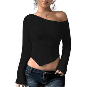 Milumia Women's Long Sleeve Off The Shoulder Sweaters Y2k Asymmetrical Hem Knitted Crop Tops