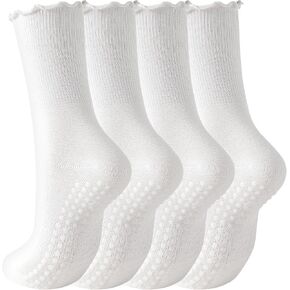 Yawlsow 4 Pairs Pilates Grip Socks for Women Cute Ruffle Frilly Yoga Socks Non Slip Cotton Crew Sports Sock for Barre Workout