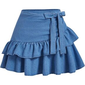 Wdirara Women's Bow Liked A Line Jean Jean Chancles Huffle Highled Cherced Skird Mini Skirt