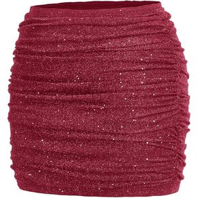 Floerns Women's Plus Size Glitter High Waisted Mini Skirt Ruched Sparkly Bodycon Skirt