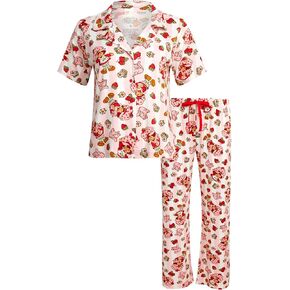 Womens Pajama Sets - 2 Piece Strawberry Shortcake Soft Stretch Button Down Sleep Shirt and Pajama Pants for Women