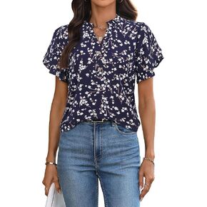 Womens Tops Dressy Casual Trendy Business Work Blouses Short Sleeve Ruffled V-Neck Tshirts