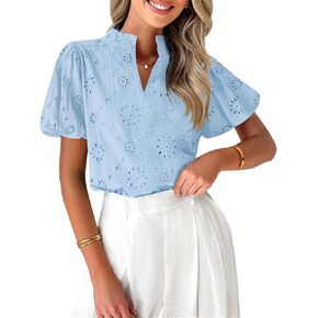 ZESICA Women's Summer Short Puff Sleeve Shirts 2025 V Neck Casual Hollow Out Lace Embroidered Blouse Tops