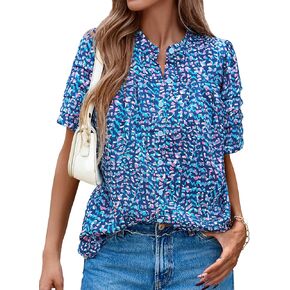 MASCOMODA Womens Tops Summer Boho Floral Short Sleeve Button Down Shirts Crewneck Loose Vacation Dressy Casual Work Blouses