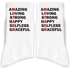 Best Mom Ever Socks - 'Amazing Loving Strong' Inspirational Mother's Day Gift - Positive Affirmation Crew Socks for Women - Happy Selfless Graceful Mom Comfort Socks. (227)