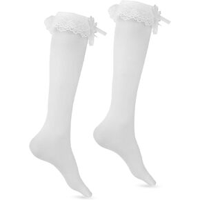 Giantree Women Lace Ruffle Knee High Socks, Cotton Knee High Socks with Bow, Cute Lolita Socks with Bow Lace Ruffle Trim Socks for Women(White)