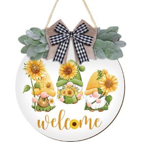 Whaline Sunflower Gnomes Door Welcome Sign Spring Summer Flower Gnome Wooden Hanging Sign with Bow Rustic Farmhouse Door Hanger for Home Coffee Shop Bakery Window Decoration