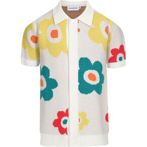 OXKNIT Men's Vintage Polo Shirt Flower Patterns Knit Casual Button Down Short Sleeve Shirts