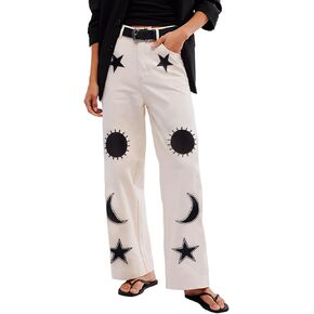 Kedera Women's Causal Star Embroidered Denim Pants Vintage Boyfriend Barrel Jeans Wide Leg Baggy Pants Y2k