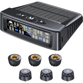 RV Tire Pressure Monitoring System - 6 Sensors TPMS with Solar/USB-C Charging & Auto-Dimming LCD Display, 0-9.9BAR 144PSI, Compatible for RV/Trailer/Truck