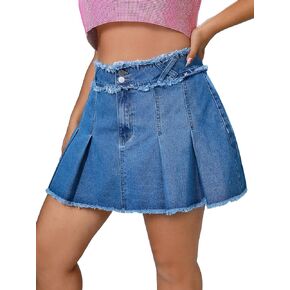 Wdirara Women Raw Trim مطوي بالإضافة إلى حجم زر عالي المخصر الأمامي تنانير الدنيم المصغرة غير الرسمية