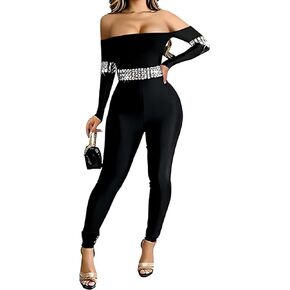 Sexy Sequin Jumpsuits for Women One Piece Bodycon Club Off Shoulder Rhinestone Romper Party Outfits
