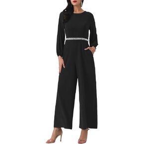 Women's Cocktail Jumpsuits Long Sleeve Beaded High Waist Wide Leg Pants Formal Dressy Rompers