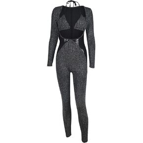 Women 2 Piece Outfits Triangle Halter Top Long Slveeve Jumpsuit Sexy Rompers Hollow Out Casual Party Work Suits