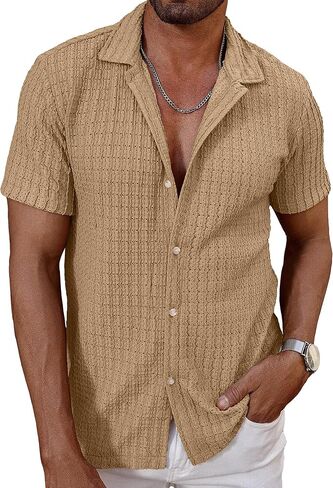 HOTake Men's Casual Summer Beach Shirts Button Down Short Sleeve Crochet Guayabera Shirts in Saudi Arabia