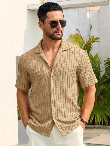 HOTake Men's Casual Summer Beach Shirts Button Down Short Sleeve Crochet Guayabera Shirts in Saudi Arabia