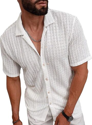 HOTake Men's Casual Summer Beach Shirts Button Down Short Sleeve Crochet Guayabera Shirts in Saudi Arabia