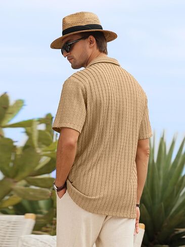 HOTake Men's Casual Summer Beach Shirts Button Down Short Sleeve Crochet Guayabera Shirts in Saudi Arabia
