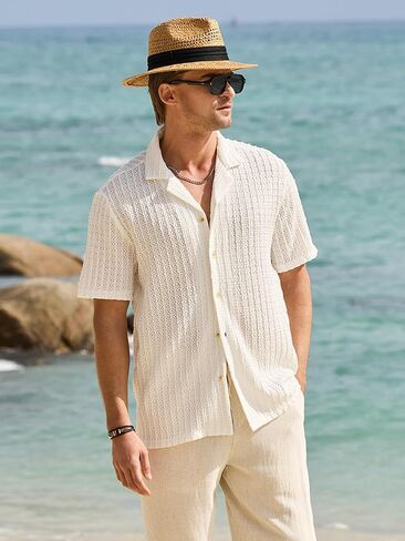 HOTake Men's Casual Summer Beach Shirts Button Down Short Sleeve Crochet Guayabera Shirts in Saudi Arabia
