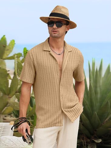 HOTake Men's Casual Summer Beach Shirts Button Down Short Sleeve Crochet Guayabera Shirts in Saudi Arabia