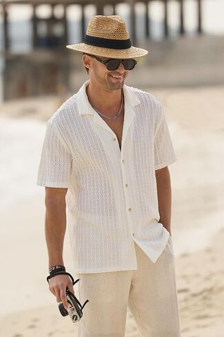 HOTake Men's Casual Summer Beach Shirts Button Down Short Sleeve Crochet Guayabera Shirts in Saudi Arabia