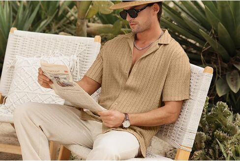 HOTake Men's Casual Summer Beach Shirts Button Down Short Sleeve Crochet Guayabera Shirts in Saudi Arabia