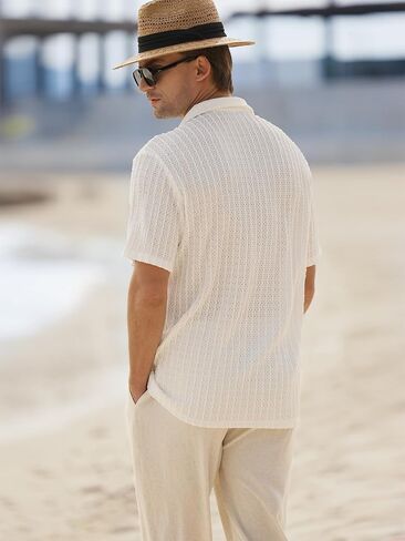 HOTake Men's Casual Summer Beach Shirts Button Down Short Sleeve Crochet Guayabera Shirts in Saudi Arabia