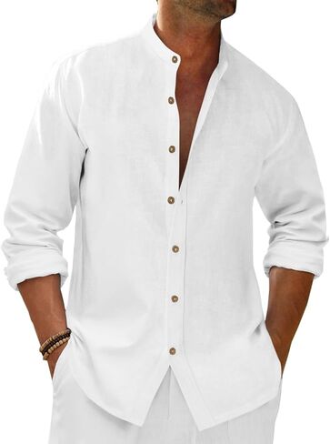 Runcati Mens Casual Linen Shirts 3/4 Sleeve Button Down Banded Collar Summer Beach Shirt in Saudi Arabia