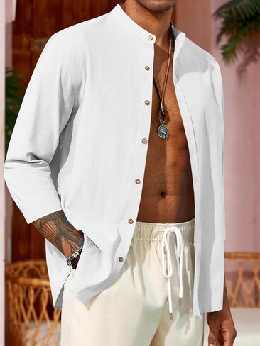 Runcati Mens Casual Linen Shirts 3/4 Sleeve Button Down Banded Collar Summer Beach Shirt in Saudi Arabia