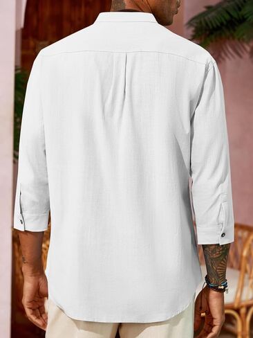 Runcati Mens Casual Linen Shirts 3/4 Sleeve Button Down Banded Collar Summer Beach Shirt in Saudi Arabia