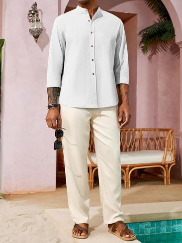 Runcati Mens Casual Linen Shirts 3/4 Sleeve Button Down Banded Collar Summer Beach Shirt in Saudi Arabia