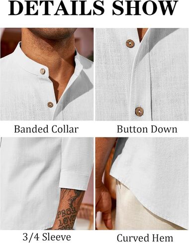 Runcati Mens Casual Linen Shirts 3/4 Sleeve Button Down Banded Collar Summer Beach Shirt in Saudi Arabia