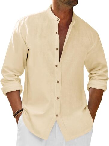Runcati Mens Casual Linen Shirts 3/4 Sleeve Button Down Banded Collar Summer Beach Shirt in Saudi Arabia