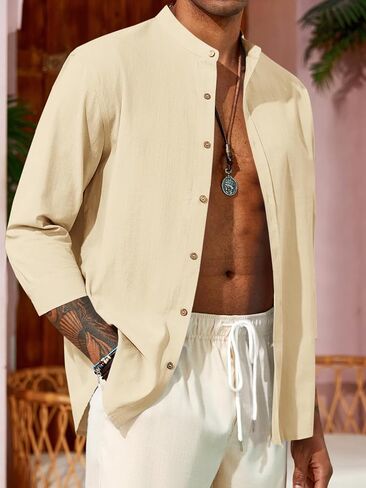 Runcati Mens Casual Linen Shirts 3/4 Sleeve Button Down Banded Collar Summer Beach Shirt in Saudi Arabia