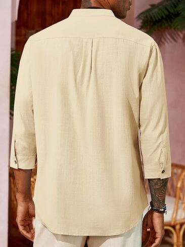 Runcati Mens Casual Linen Shirts 3/4 Sleeve Button Down Banded Collar Summer Beach Shirt in Saudi Arabia